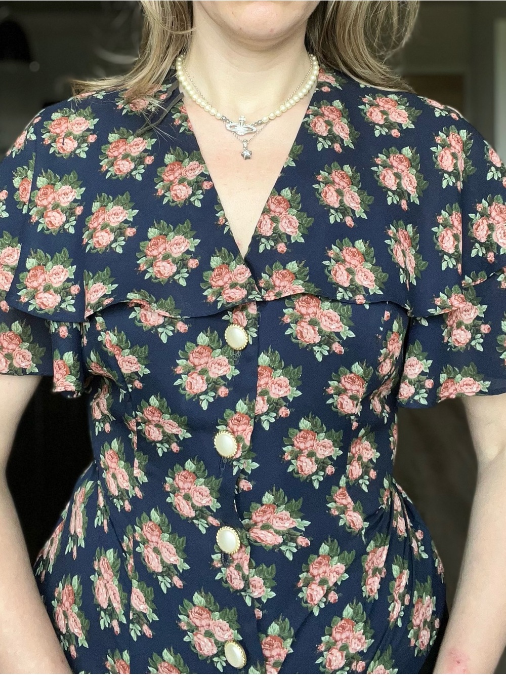 Navy Floral Button-Front Dress with Pearl Buttons